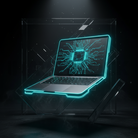 Macbook Pro 16 Floating Dark Mockup Cyan Glow 2025 – 8K Minimal Black UI Mockup MKT GLS 0215