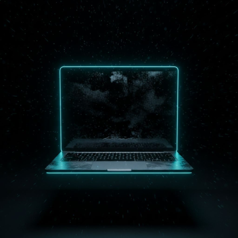 Macbook Pro 16 Floating Dark Mockup Cyan Glow 2025 – 8K Minimal Black UI Mockup MKT GLS 0888