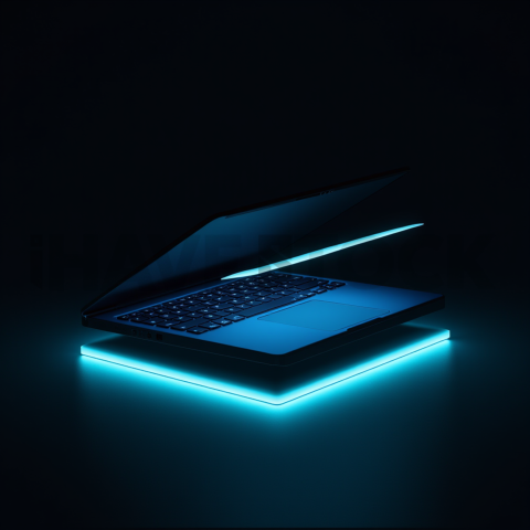 Macbook Pro 16 Floating Dark Mockup Cyan Glow 2025 – 8K Minimal Black UI Mockup MKT GLS 0849