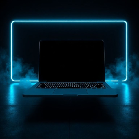 Macbook Pro 16 Floating Dark Mockup Cyan Glow 2025 – 8K Minimal Black UI Mockup MKT GLS 1283
