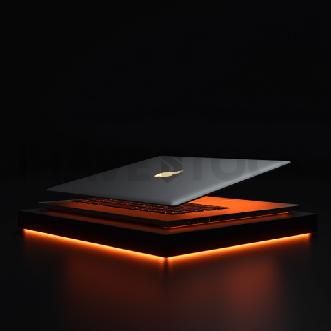Macbook Pro 16 Floating Dark Mockup Orange Fire Glow 2025 – 8K Minimal Black UI Mockup MKT GLS 0270