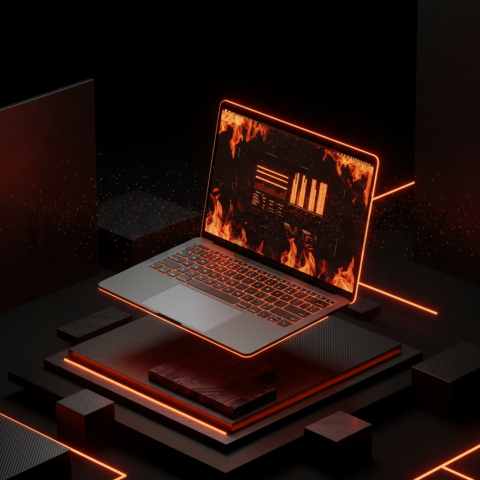 Macbook Pro 16 Floating Dark Mockup Orange Fire Glow 2025 – 8K Minimal Black UI Mockup MKT GLS 0200