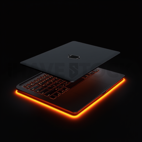 Macbook Pro 16 Floating Dark Mockup Orange Fire Glow 2025 – 8K Minimal Black UI Mockup MKT GLS 0329
