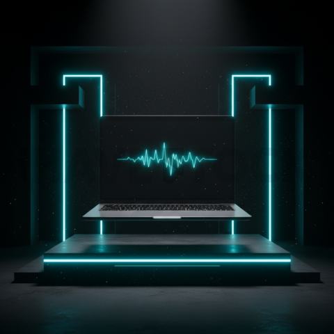 Macbook Pro 16 Floating Dark Mockup Cyan Glow 2025 – 8K Minimal Black UI Mockup MKT GLS 1325