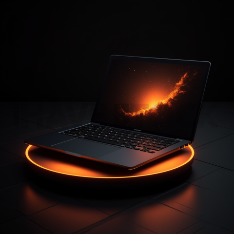 Macbook Pro 16 Floating Dark Mockup Orange Fire Glow 2025 – 8K Minimal Black UI Mockup MKT GLS 0721