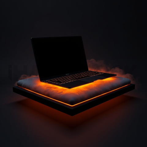 Macbook Pro 16 Floating Dark Mockup Orange Fire Glow 2025 – 8K Minimal Black UI Mockup MKT GLS 0687