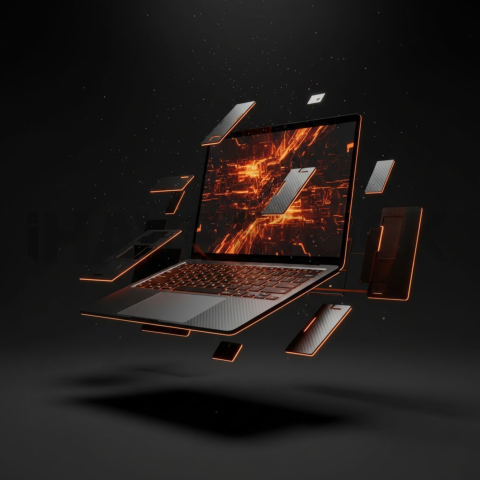 Macbook Pro 16 Floating Dark Mockup Orange Fire Glow 2025 – 8K Minimal Black UI Mockup MKT GLS 0972