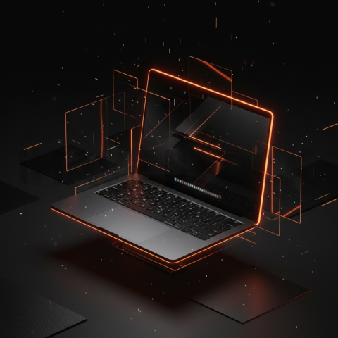 Macbook Pro 16 Floating Dark Mockup Orange Fire Glow 2025 – 8K Minimal Black UI Mockup MKT GLS 0875