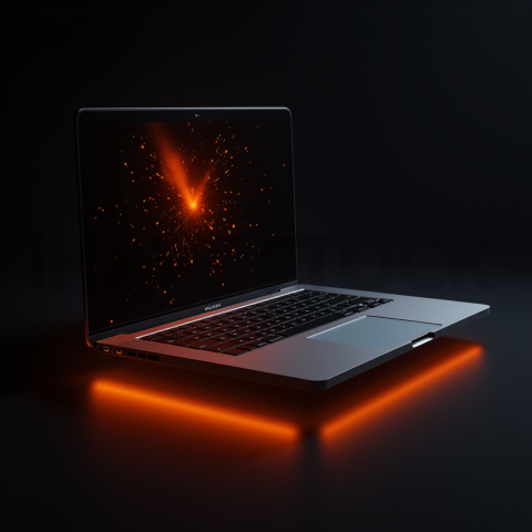 Macbook Pro 16 Floating Dark Mockup Orange Fire Glow 2025 – 8K Minimal Black UI Mockup MKT GLS 0991