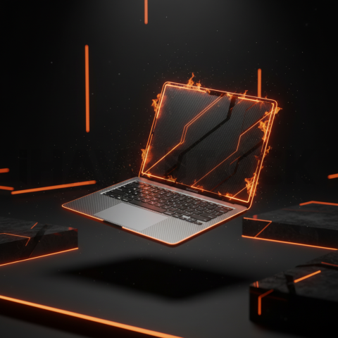 Macbook Pro 16 Floating Dark Mockup Orange Fire Glow 2025 – 8K Minimal Black UI Mockup MKT GLS 1146