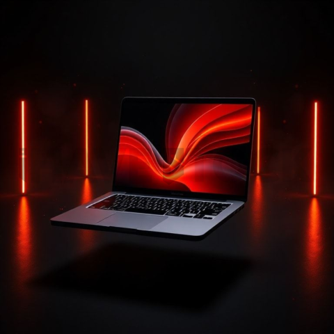 Macbook Pro 16 Floating Dark Mockup Orange Fire Glow 2025 – 8K Minimal Black UI Mockup MKT GLS 1193