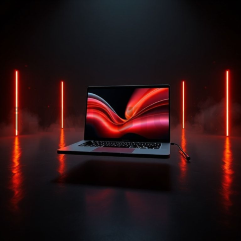 Macbook Pro 16 Floating Dark Mockup Orange Fire Glow 2025 – 8K Minimal Black UI Mockup MKT GLS 1227