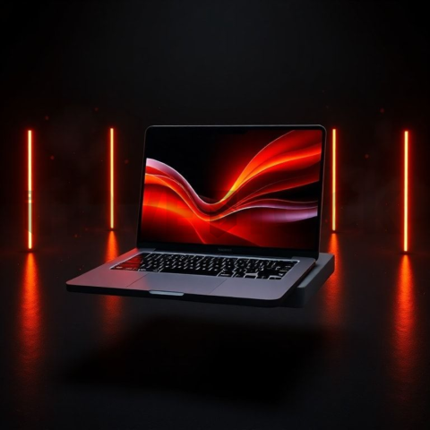 Macbook Pro 16 Floating Dark Mockup Orange Fire Glow 2025 – 8K Minimal Black UI Mockup MKT GLS 1256